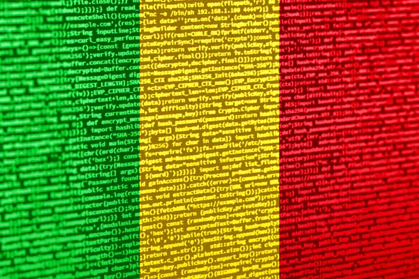 Teknoloji arka planında Mali bayrağı olan dijital bir kavram. Mali, siber güvenlik, programlama ve dijital egemenlik bağlamında. Mali 'deki site geliştirmenin sembolik görüntüsü.