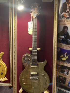 Kahverengi elektro gitar, karmaşık tasarım, kestane rengi bir çantada sergileniyor, altın çerçeveli ve cam kaplamalı gitarın birden fazla pikabı var, iki yankesicisi Kyiv, Ukrayna 06-19-2022