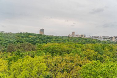 Uzakta kentsel yapıların olduğu sonbahar ormanı manzarası, farklı tonlarda yoğun yeşillikler, dalgalanan zemin, bulutlu gün, yükselen perspektif, doğaüstü fotoğrafçılık tarzı
