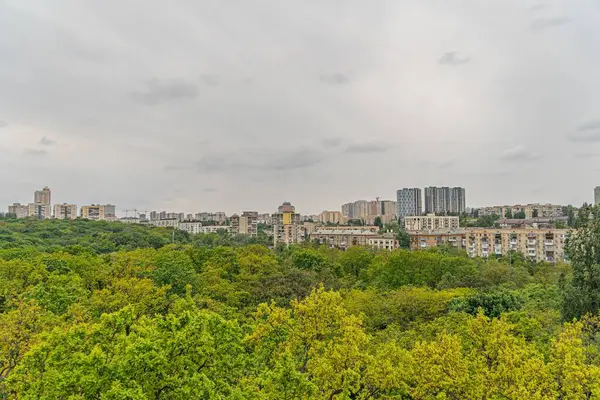 Yoğun şehir manzarası, geniş yeşillik, yüksek görüş açısı, bastırılmış renkler, yeşiller, griler, kahverengiler, bulutlu gökyüzü, panoramik kompozisyon, görülebilir insan varlığı yok, gerçekçi fotoğrafçılık