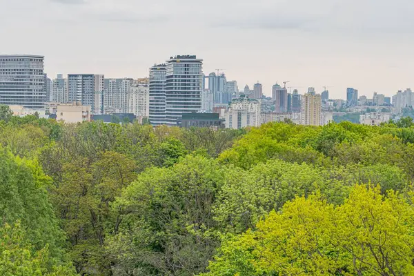 Kentsel manzaranın panoramik görüntüsü, yazın verimli yeşillikleri önplanda çeşitli yüksek binalar modern gökdelenler, arka plandaki eski yerleşim yapıları ile çelişiyor.