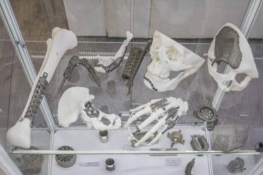 İnsan iskeleti modelleri ve metal tıbbi aletlerin sergilendiği bir müze sergisinde sergilenen 3D baskılı titanyum protezlerin yakın çekimi