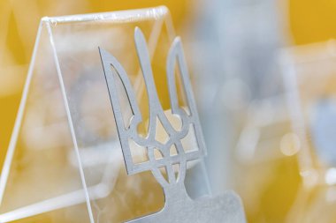 Benzer ödüllerle çevrili yüzeyinde kabartmalı harfler olan bir kupanın yakın plan görüntüsü, yukarıdan hafif ışıklandırma ile gerçekçilik tarzına sahip bir ortam izlenimi veriyor.