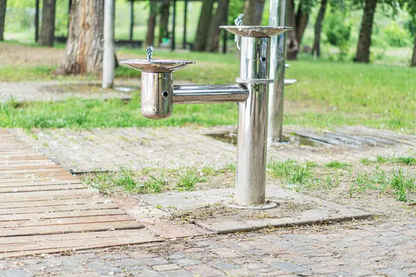 Metalik halka açık bir çeşme, biri aktif, beton bir levha üzerinde, açık bir parkta tuğla kenarlı doğal aydınlatma gölgeler ve metal yüzeyleri vurguluyor.