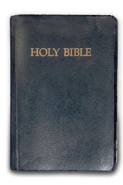 Omurgasında altın işlemeli, deri kaplı Kral James versiyonu İncil kutsal kitaplara açıktır. a