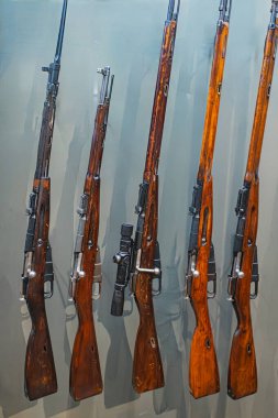 İki sıra halinde sergilenen klasik tüfekler, ahşap borsa, metal montajlar, hafif ışıklandırma, nötr bir zemine monte edilmiş ince gölgeler.