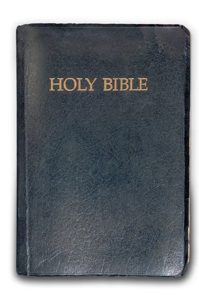 Omurgasında altın işlemeli, deri kaplı Kral James versiyonu İncil kutsal kitaplara açıktır. a