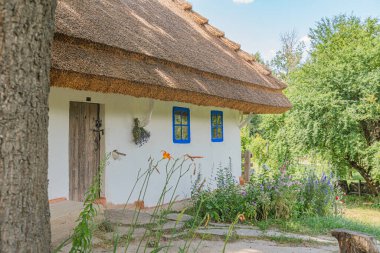 Orta Avrupa 'da sazdan çatılı, mavi pencere çerçeveli, beyaz, kısmen bitki örtülü bir ev. Ve sağ kapı açık, ahşap iç döşeme balkonu süslüyor.