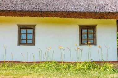 Tek katlı, beyaz duvarlı, kadim bir Orta Avrupa köyünde samanla kaplanmış bir bina. Yapının iki ahşap çerçeveli penceresi ve birden fazla penceresi var.
