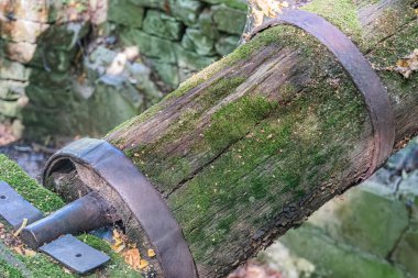 Eski bir Orta Avrupa köyünde, tuğla duvar arkasında paslı metal bir nesneyle eski bir ağaç gövdesi yeşil yosunların, kahverengi ağaçların ve kırmızımsı ağaçların hakim olduğu dünyevi renk paletini yerleştiriyor.