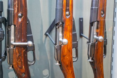 Her biri metalik teçhizatlı çeşitli ahşap tüfeklerden oluşan bir vitrin. İşaretlenmiş ahşap dokular ve parlak metal bileşenleriyle farklı bir düzende dizilmiş.