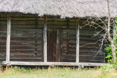 Eski bir Orta Avrupa köyünde sazdan çatılı geleneksel ahşap kulübe pencere ya da açıklık yok, bitkisel hayatla yıpranmış veranda, doğal toprak renk paleti, kırsal tarz, muhtemelen r