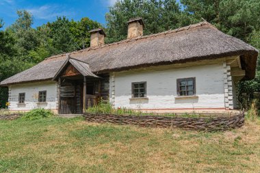 Yeşillik bir arazide, yükseltilmiş bir arazide eski dünya kulübesi, sazdan çatı ve taş baca çoklu pencereler, küçük ahşap çitler, toprak rengi palet kahverengi, yeşil, mavi, gün ışığı saat