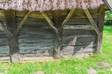 Orta Avrupa 'da bir köyde sazdan çatısı olan eski ahşap bir yapı Grassy' nin etrafını saran yerler korunmuş bir tarihi eser veya müze sergisine işaret ediyor.