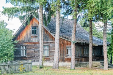 Antik Orta Avrupa kütük kabin arasında uzun ağaçlar, kırsal gri dış, birden fazla beyaz çerçeveli pencereler, yaşlanmış çatı, küçük bahçe, yıpranmış ahşap çit, sakin ve sakin atmosfer, doğal renk