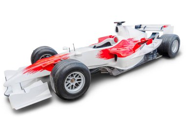 Beyaz, kırmızı ve siyah Formula 1 yarış arabası düz ışık arka plan aerodinamik tasarım görünür arka kanat ve kaygan lastiklerle iç mekan ayarlı hatta yapay aydınlatma ile üç çeyrek ang