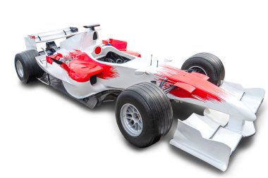 Formula 1 yarış arabasının açılı profil görüntüsü, öncelikle kırmızı aksanlı ve aerodinamik özellikli beyaz kanatları, mavna tahtaları, kırmızı detaylı siyah tekerlekleri, birden fazla kanat elemanı var.
