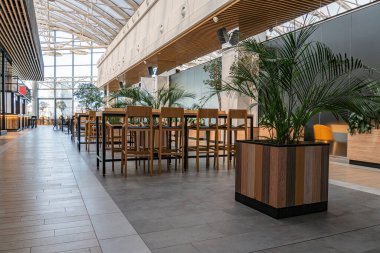 Geniş pencereli modern lobiler, gri fayanslar, ahşap duvar panelleri, çağdaş mobilyalar, saksıda palmiye benzeri bitki, yumuşak ışıklandırma, ferah ve açık