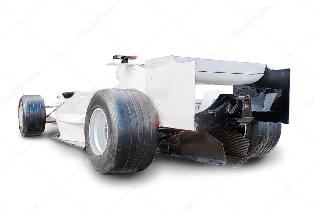Side view of a white and black Formula 1 car, showcasing aerodynamic design features like wings, flaps, and sidepods Shadowy with realistic lighting, likely for educational or promotional purposes i