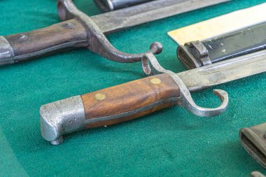 Özet Yeşil kadife kumaş üzerinde antika kılıçlar koleksiyonu, tasarım ve metal bıçaklar farklı kahverengi saplı ve kılıç kınıyla dikkat çekici