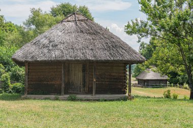 Eski bir Orta Avrupa köyündeki geleneksel sazdan kulübe, ağaçlarla kaplı yeşil bir manzaranın ve parçalı bulutlu bir gökyüzünün ortasına kurulmuş koni çatılı, ahşap binanın sağ tarafında bir kapı var.