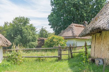 Antik Orta Avrupa köyü İki sazdan çatı binası, biri kapı aralığı ahşap yapılar, sıva duvarlar, çitli bir alanda fazla gelişmiş bitkiler Dünya tonu paleti, kahverengi