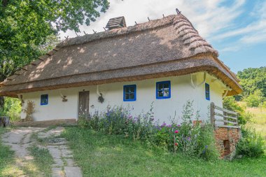 Orta Avrupa 'nın kırsal kesimlerinde, beyaz, sazdan yapılmış, siyah çatılı ve mavi çerçeveli pencereli bir kulübe, yemyeşil çimenler, bahçe ya da bahçe ipuçları, doğal gün ışığı, huzurlu perspektif,
