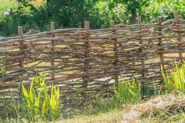 Doğal kabuklu dallardan yapılmış, tarımsal köy ortamında ahşap bir çit. Sahne yeşil bitkiler ve açık gökyüzünün altındaki uzak bir tarla aydınlatmasını içeriyor.
