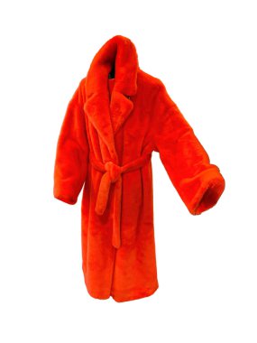 Tarafsız arkaplanda kırmızı bornoz, uzun kollu, bel, stüdyo ayarı, basit tasarım, katı renk