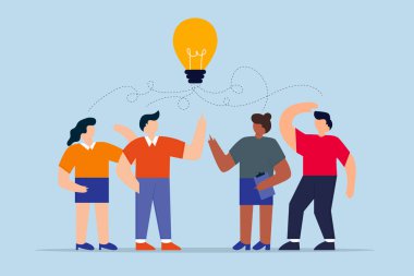 Beyin fırtınası fikri. İş adamları ve kadınlar yeni ampul fikri üzerinde kafa patlatıyorlar.