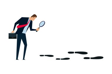 İş başarısı ayak izi, akıllı iş adamı büyük adımları araştırmak için büyüteç kullanıyor..