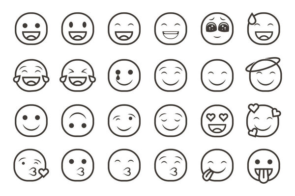 Набор смайликов смайлики икон. Мультфильм Emoji Set with smile, sad, happy, and flat emotion in line art style