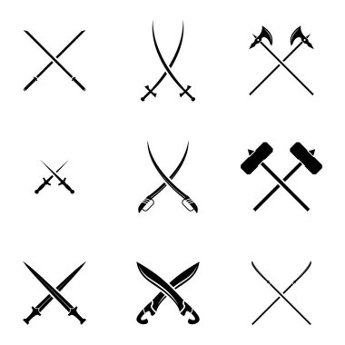 Swords Set. Collection of Crossed Knight Sword Ancient Weapon silhouettes Design