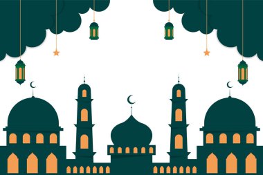 islamic greetings card design background good for ramadan kareem and eid al fitr with mosque, hanging lanterns, star, and moon.