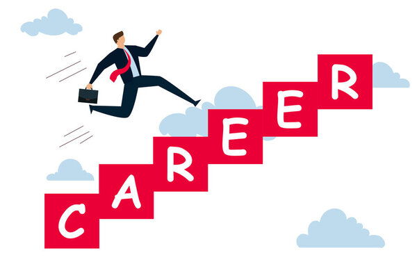 Personal development or career advancement, confident smart entrepreneur runs fast on career ladder to success.