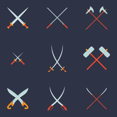 Swords Set. Collection of Crossed Knight Sword Ancient Weapon Cartoon Design