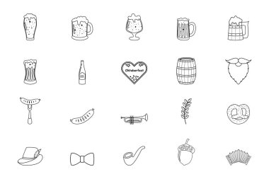 Oktoberfest Bira Festivali elementi ayarlandı. Zencefilli ekmek, akordeon, bira, çatalda ızgara sosis, pipo ve et..