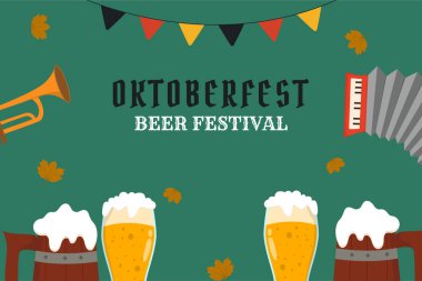 Oktoberfest kutlaması için arka plan. Bir kupa bira, bir şişe bira, bir simit, bir sosis.. 