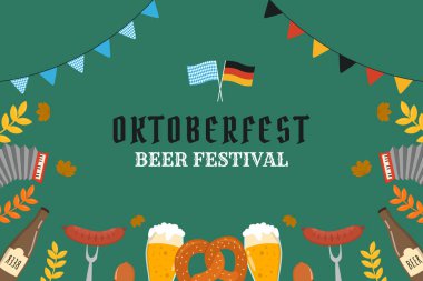 Oktoberfest kutlaması için arka plan. Bir kupa bira, bir şişe bira, bir simit, bir sosis.. 