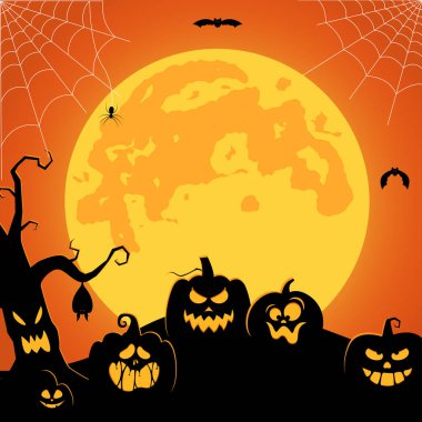 Cadılar bayramı arkaplanı, balkabakları, ürkütücü ağaç, eski moda perili ev ve mezarlığın üzerinde uçan yarasalar.