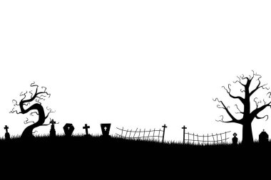 Cadılar bayramı arkaplanı, balkabakları, ürkütücü ağaç, eski moda perili ev ve mezarlığın üzerinde uçan yarasalar.