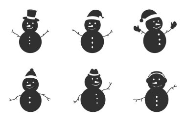 Siyah Neşeli Kardan Adam farklı kostümler giymiş. Kış, Noel ve Yeni Yıl tasarım elementleri