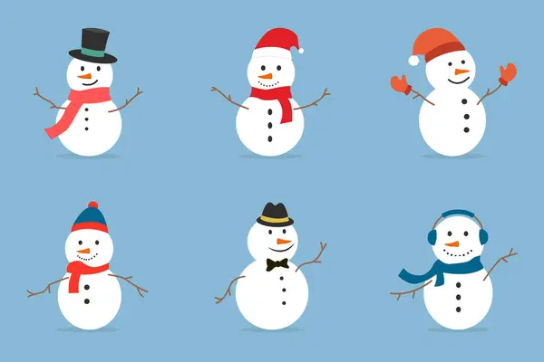 Flat Cheerful Snowman farklı kostümler giymiş. Kış, Noel ve Yeni Yıl tasarım elementleri