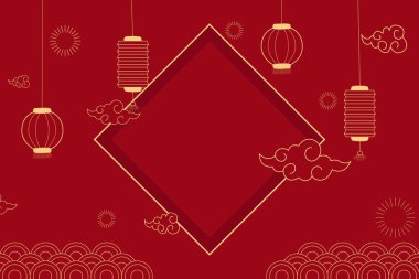 Çiçek, fener, Asyalı elementlerle dolu mutlu Çin Yeni Yılı Kızıl Arkaplan 'da altın.
