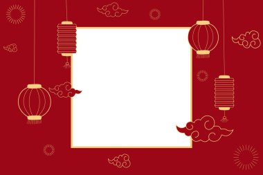 Çiçek, fener, Asyalı elementlerle dolu mutlu Çin Yeni Yılı Kızıl Arkaplan 'da altın.