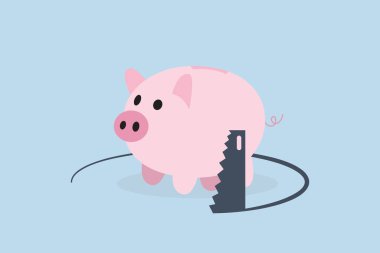 Financial mistake, wealthy pink piggy bank is sawed under the floor to steal money. clipart