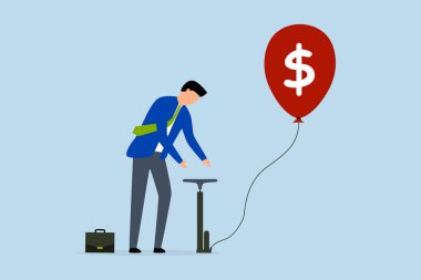 Investment bubble causing financial crisis, businessman investor pumps air into a large floating balloon with a US Dollar money sign ready to burst. clipart