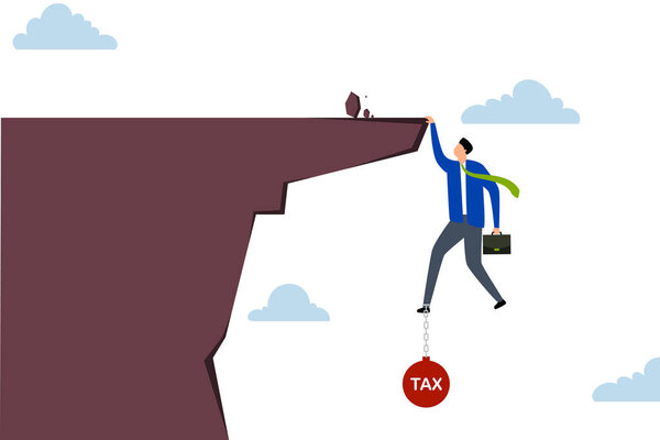 Плата подоходного налога наемного работника, уставший обескураженный бизнесмен, держащий портфель в руках и приблизительно падающий со скалы, связанный подавляющим мячом с содержанием Обвинение.