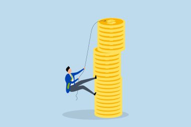 Finansal amaç, iş adamı zor bir tırmanış halatıyla madeni para yığınının tepesine ulaşmaya çalışıyor..
