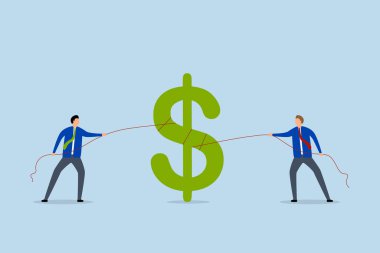 Para için savaş, aç gözlü işadamı dolar sürükleyen para işareti yapan